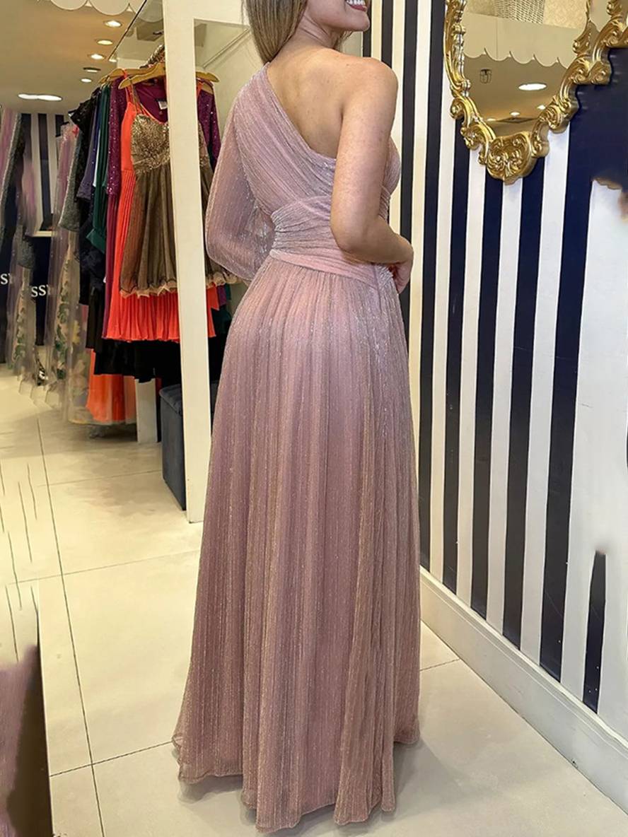 Levoire | Robe Longue Une Épaule Tulle Fente Latérale Manches Évêque Manches Longues Femmes Élégante Bal De Fin D'Études Cérémonie