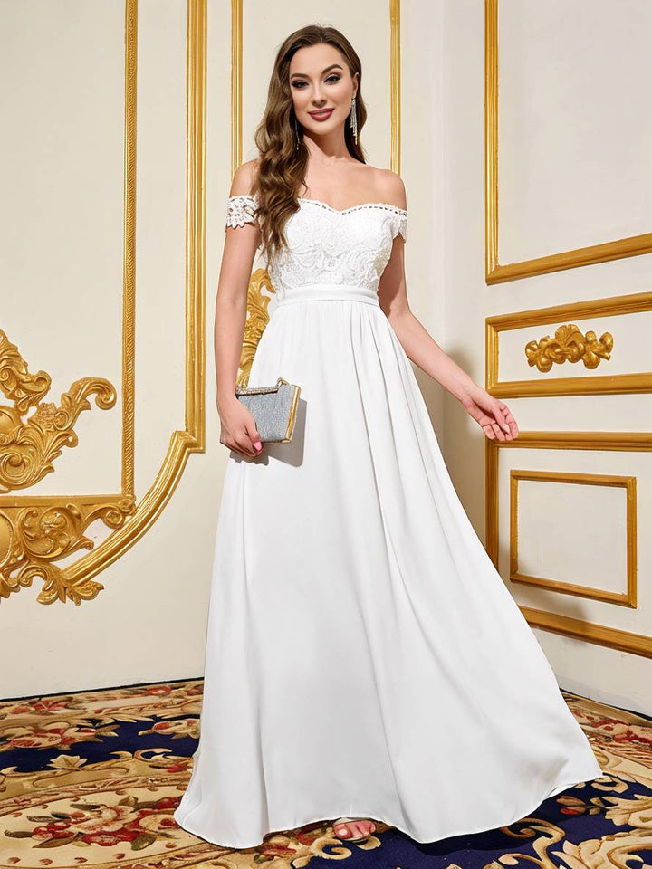 Levoire | Robe Longue Avec Dentelle, Décolleté Bateau, Dos Nu, Sans Manches, Robe De Soirée Élégante Pour Mariage Blanc