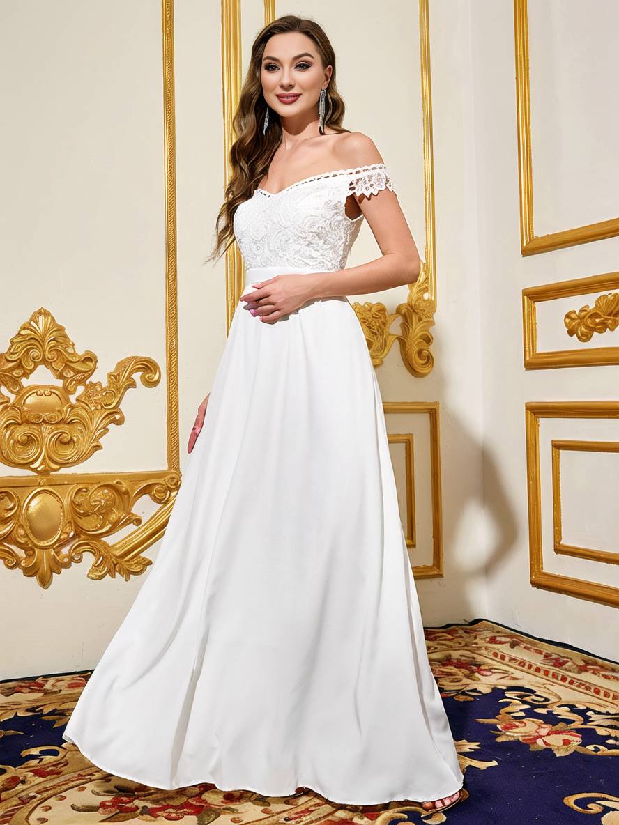 Levoire | Robe Longue Avec Dentelle, Décolleté Bateau, Dos Nu, Sans Manches, Robe De Soirée Élégante Pour Mariage