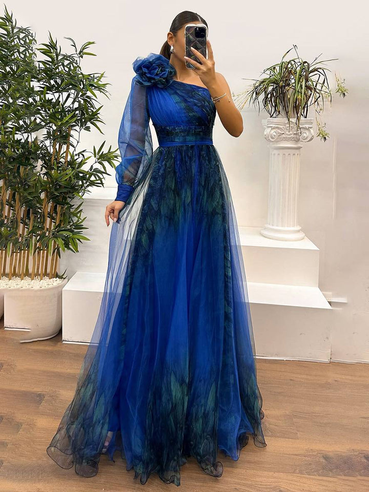 Levoire | Robe Longue Imprimé Floral En Tulle Fente Latérale Une Épaule Manches Longues Dames Élégante Événement Du Soir Bal De Fin D'Études Bleu