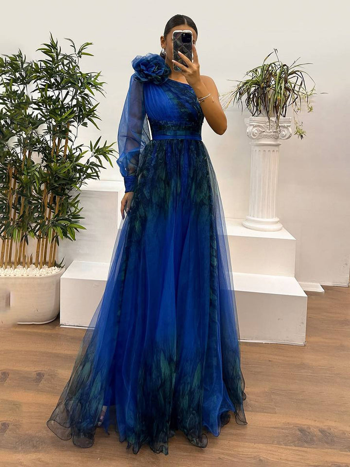 Levoire | Robe Longue Imprimé Floral En Tulle Fente Latérale Une Épaule Manches Longues Dames Élégante Événement Du Soir Bal De Fin D'Études