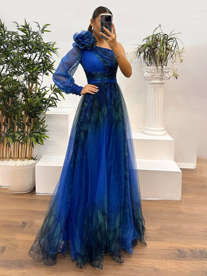 Levoire | Robe Longue Imprimé Floral En Tulle Fente Latérale Une Épaule Manches Longues Dames Élégante Événement Du Soir Bal De Fin D'Études