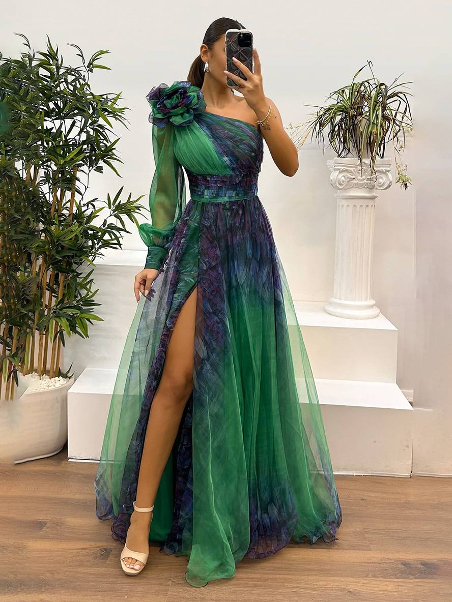 Levoire | Robe Longue Imprimé Floral En Tulle Fente Latérale Une Épaule Manches Longues Dames Élégante Événement Du Soir Bal De Fin D'Études