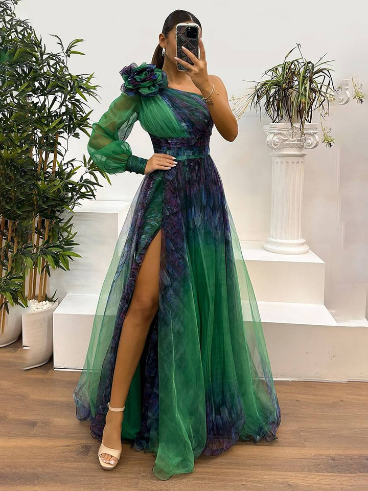 Levoire | Robe Longue Imprimé Floral En Tulle Fente Latérale Une Épaule Manches Longues Dames Élégante Événement Du Soir Bal De Fin D'Études