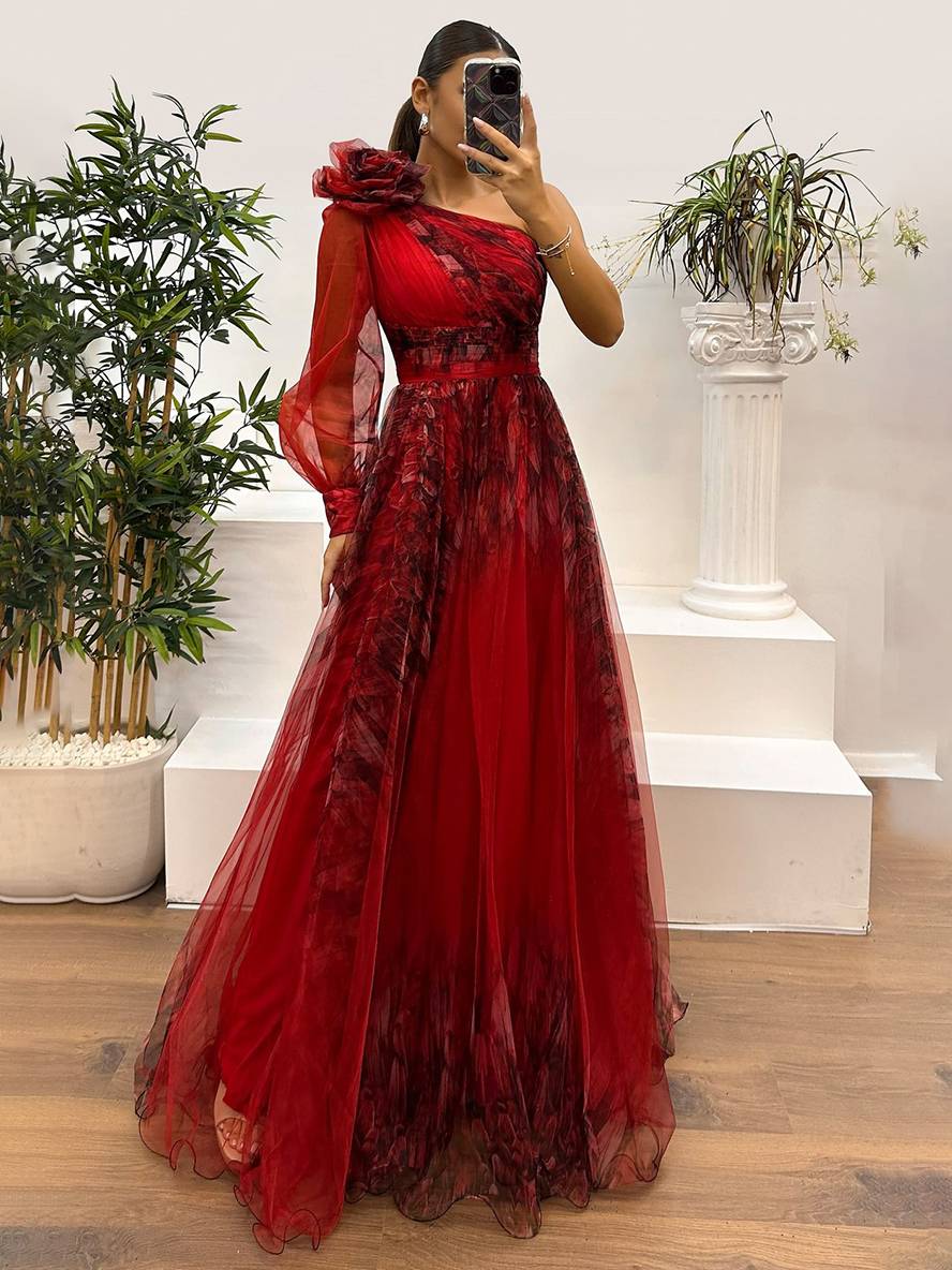 Levoire | Robe Longue Imprimé Floral En Tulle Fente Latérale Une Épaule Manches Longues Dames Élégante Événement Du Soir Bal De Fin D'Études Rot