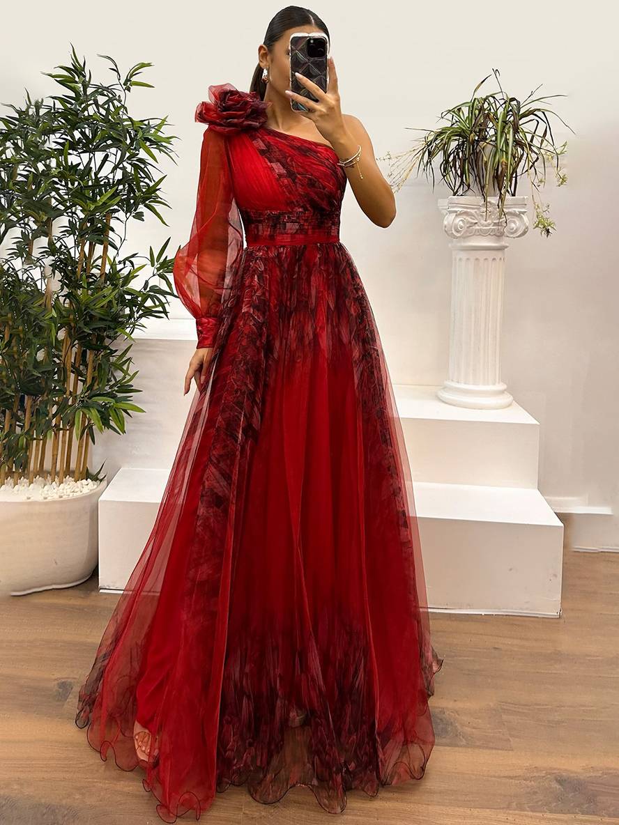 Levoire | Robe Longue Imprimé Floral En Tulle Fente Latérale Une Épaule Manches Longues Dames Élégante Événement Du Soir Bal De Fin D'Études