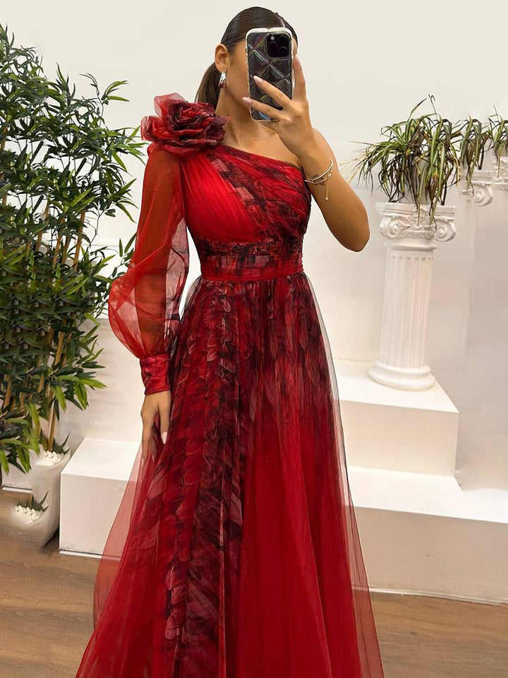 Levoire | Robe Longue Imprimé Floral En Tulle Fente Latérale Une Épaule Manches Longues Dames Élégante Événement Du Soir Bal De Fin D'Études