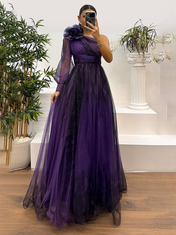 Levoire | Robe Longue Imprimé Floral En Tulle Fente Latérale Une Épaule Manches Longues Dames Élégante Événement Du Soir Bal De Fin D'Études Violet