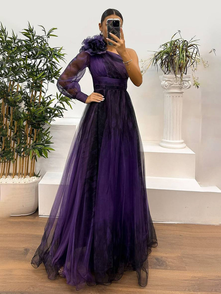 Levoire | Robe Longue Imprimé Floral En Tulle Fente Latérale Une Épaule Manches Longues Dames Élégante Événement Du Soir Bal De Fin D'Études