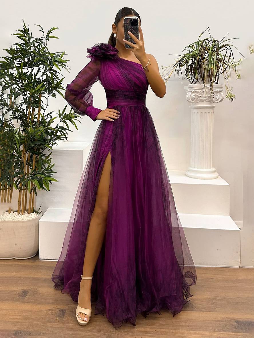 Levoire | Robe Longue Imprimé Floral En Tulle Fente Latérale Une Épaule Manches Longues Dames Élégante Événement Du Soir Bal De Fin D'Études