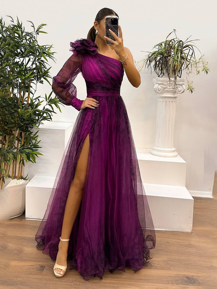 Levoire | Robe Longue Imprimé Floral En Tulle Fente Latérale Une Épaule Manches Longues Dames Élégante Événement Du Soir Bal De Fin D'Études