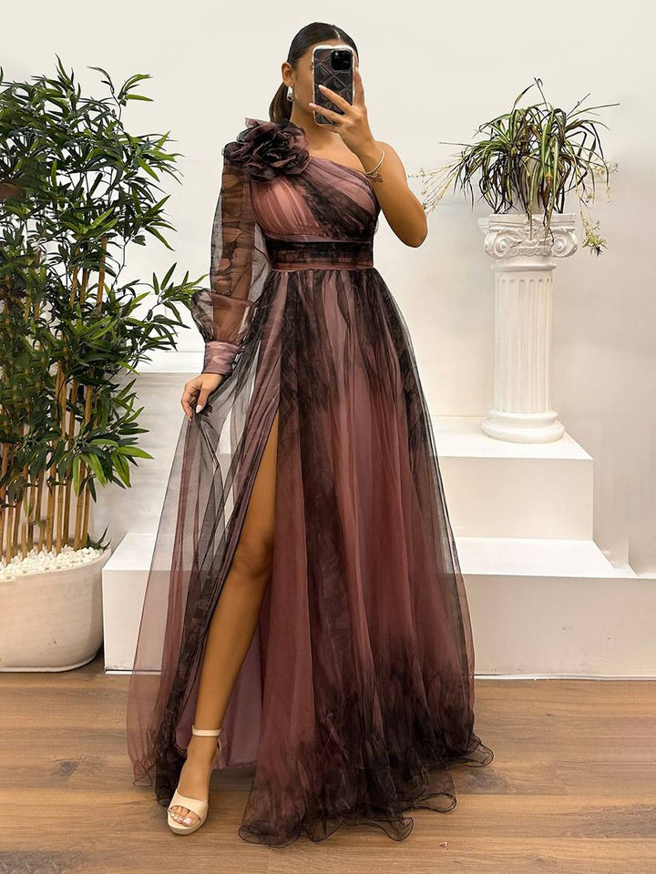Levoire | Robe Longue Imprimé Floral En Tulle Fente Latérale Une Épaule Manches Longues Dames Élégante Événement Du Soir Bal De Fin D'Études Braun