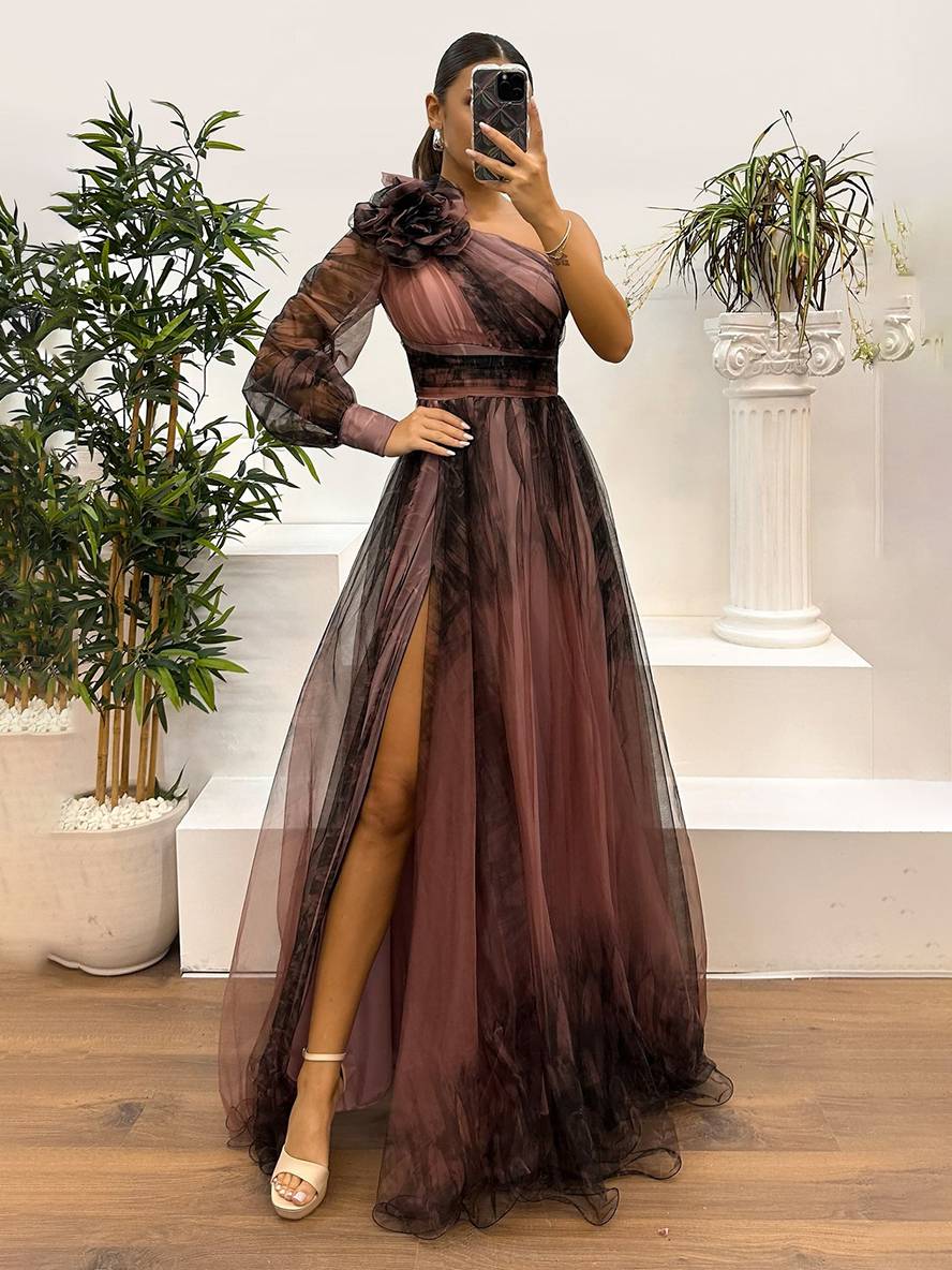 Levoire | Robe Longue Imprimé Floral En Tulle Fente Latérale Une Épaule Manches Longues Dames Élégante Événement Du Soir Bal De Fin D'Études