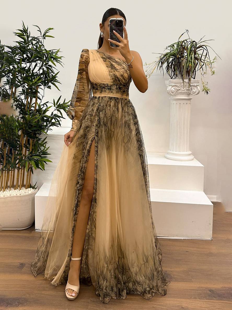 Levoire | Robe Longue Imprimé Floral En Tulle Fente Latérale Une Épaule Manches Longues Dames Élégante Événement Du Soir Bal De Fin D'Études Khaki