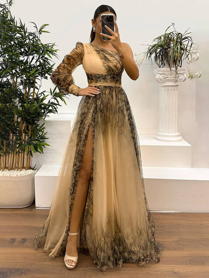 Levoire | Robe Longue Imprimé Floral En Tulle Fente Latérale Une Épaule Manches Longues Dames Élégante Événement Du Soir Bal De Fin D'Études