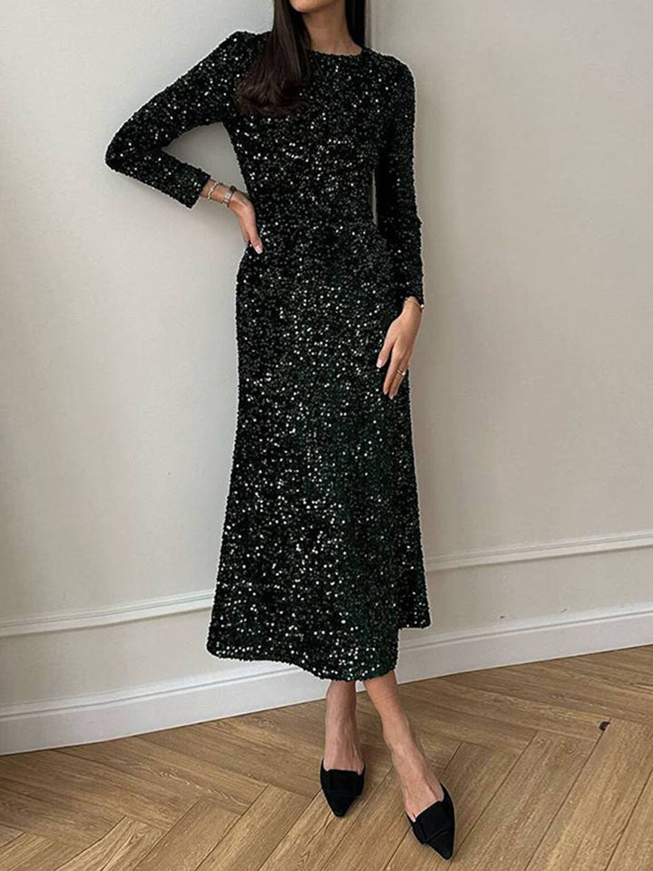 Levoire | Robe Longue Étroit Velours Brillant Paillettes Col Ronde Manches Longues Élégante Soirée Cocktail Robe Noir