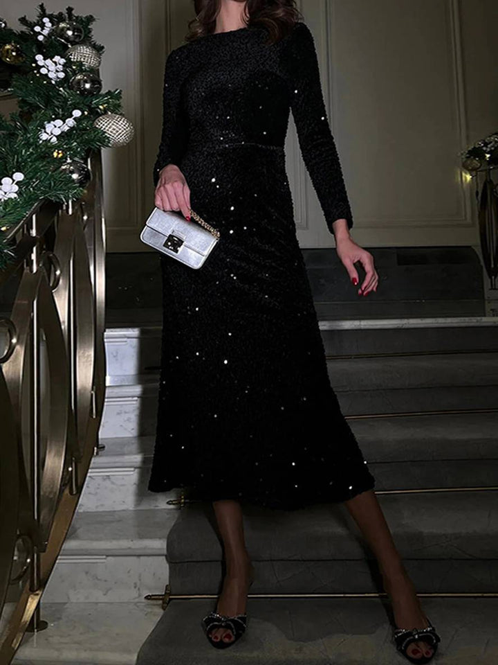 Levoire | Robe Longue Étroit Velours Brillant Paillettes Col Ronde Manches Longues Élégante Soirée Cocktail Robe