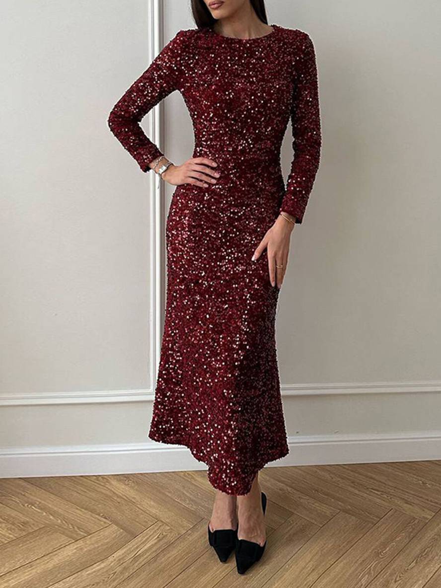 Levoire | Robe Longue Étroit Velours Brillant Paillettes Col Ronde Manches Longues Élégante Soirée Cocktail Robe