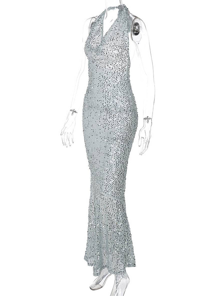 Levoire | Robe Longue Brillante Paillettes Dos Nu Décolleté Profond Dos Nu Sans Manches Mode De Soirée Élégante