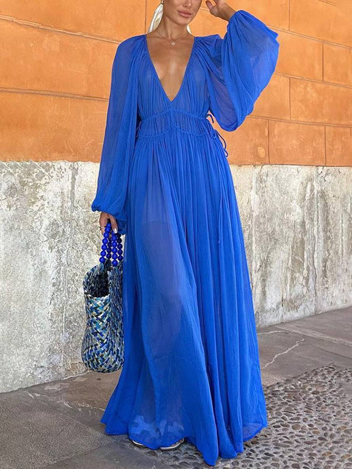 Levoire | Robe En Chiffon Longue Avec Décolleté Profond À Manches Longues Pour Femmes Décontractée Largue Plage Bleu