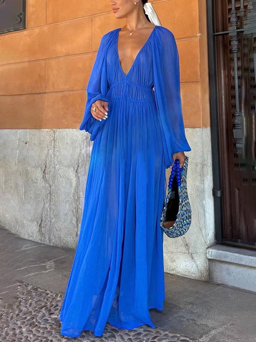 Levoire | Robe En Chiffon Longue Avec Décolleté Profond À Manches Longues Pour Femmes Décontractée Largue Plage