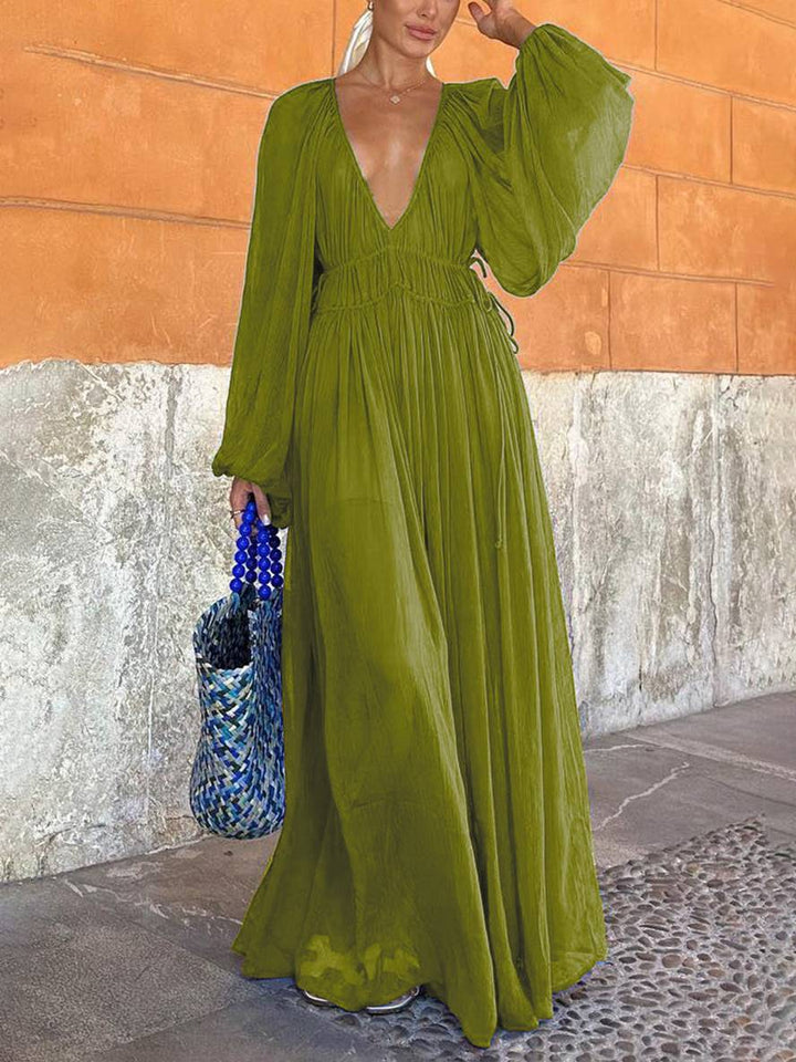 Levoire | Robe En Chiffon Longue Avec Décolleté Profond À Manches Longues Pour Femmes Décontractée Largue Plage