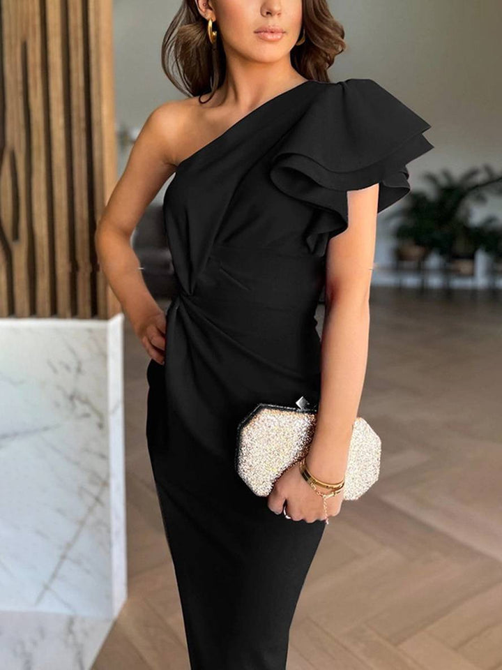 Levoire | Robe De Demoiselle D'Honneur Ajustée À Une Épaule Avec Fente Superposée À Volants Décolleté Nœud Robe De Soirée