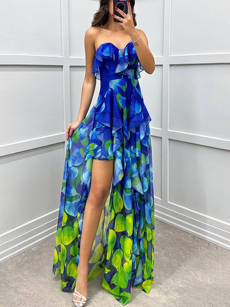 Levoire | Longue Robe À Motifs Floraux En Tulle Fente Latérale Bustier Dos Nu Sans Manches Élégante Robe De Plage Bleu