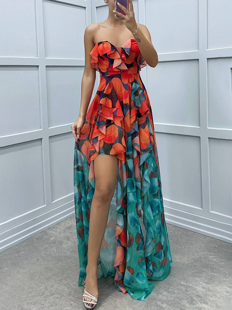 Levoire | Longue Robe À Motifs Floraux En Tulle Fente Latérale Bustier Dos Nu Sans Manches Élégante Robe De Plage
