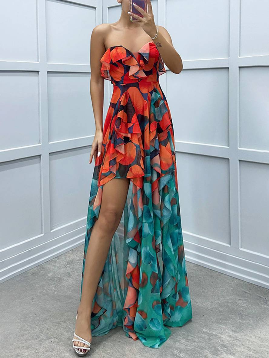 Levoire | Longue Robe À Motifs Floraux En Tulle Fente Latérale Bustier Dos Nu Sans Manches Élégante Robe De Plage