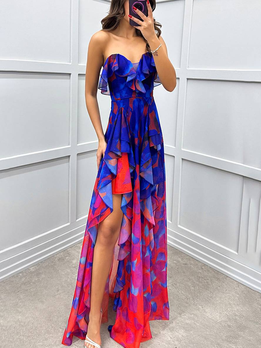 Levoire | Longue Robe À Motifs Floraux En Tulle Fente Latérale Bustier Dos Nu Sans Manches Élégante Robe De Plage Rot