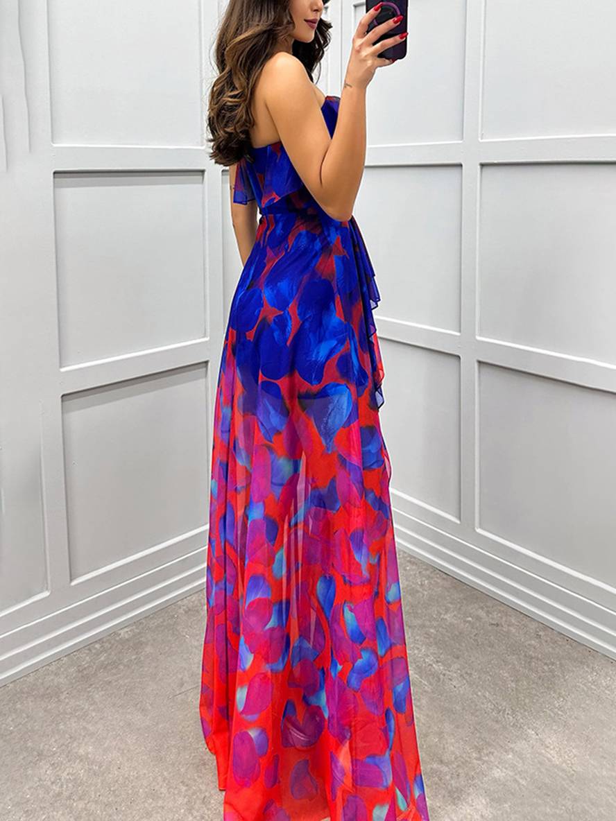 Levoire | Longue Robe À Motifs Floraux En Tulle Fente Latérale Bustier Dos Nu Sans Manches Élégante Robe De Plage