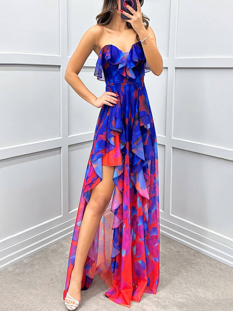Levoire | Longue Robe À Motifs Floraux En Tulle Fente Latérale Bustier Dos Nu Sans Manches Élégante Robe De Plage