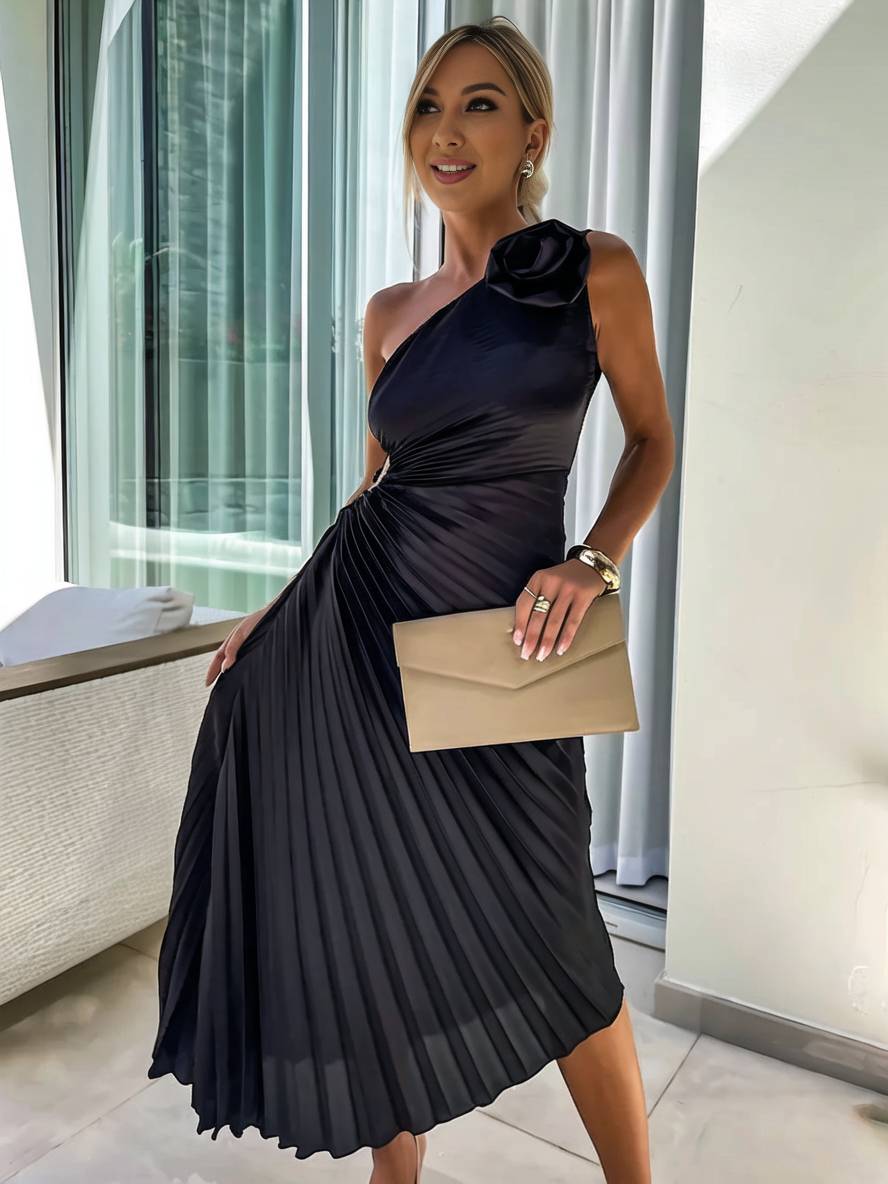 Levoire | Robe Plissée À Une Épaule Longue Sans Manches Femme Élégante Casual Prom Plage Noir