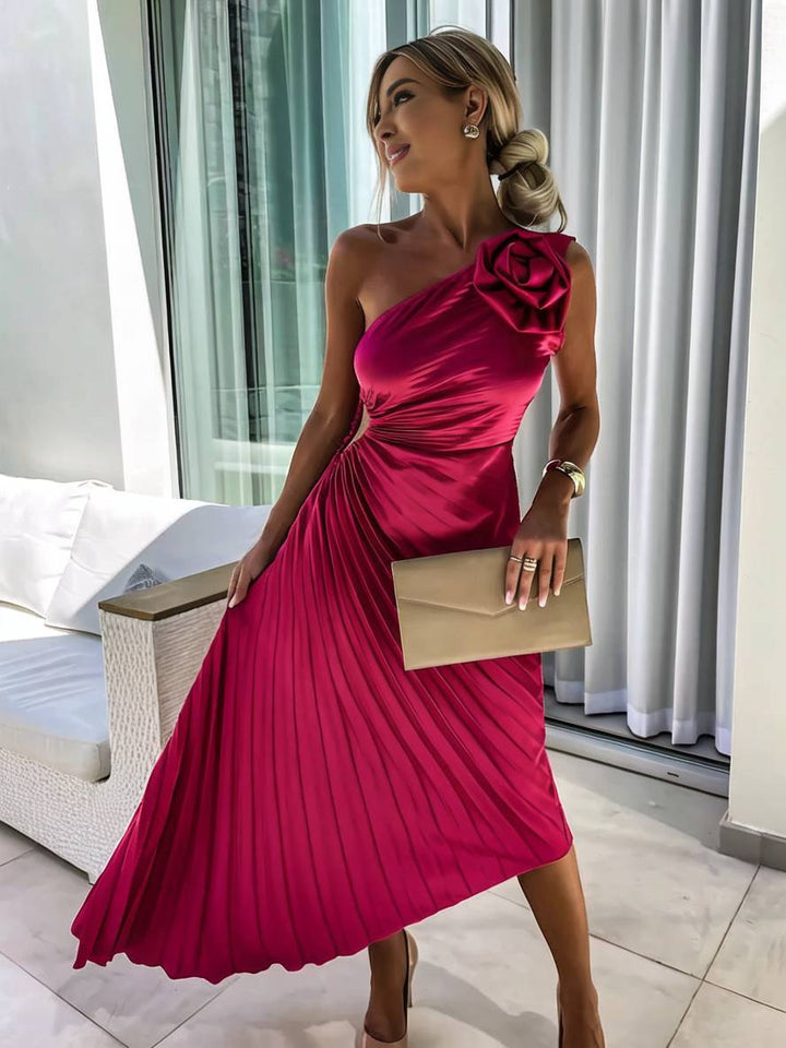 Levoire | Robe Plissée À Une Épaule Longue Sans Manches Femme Élégante Casual Prom Plage Rot