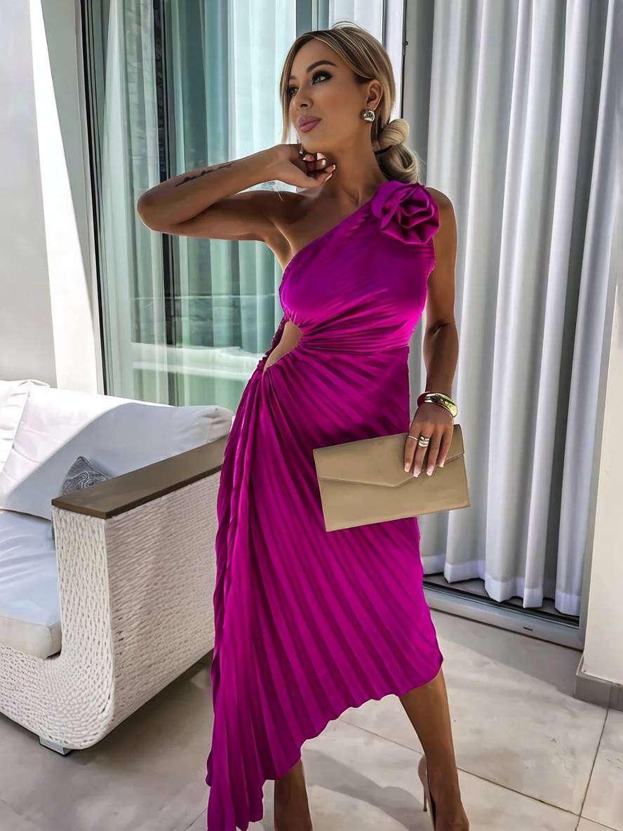 Levoire | Robe Plissée À Une Épaule Longue Sans Manches Femme Élégante Casual Prom Plage Lila Rot