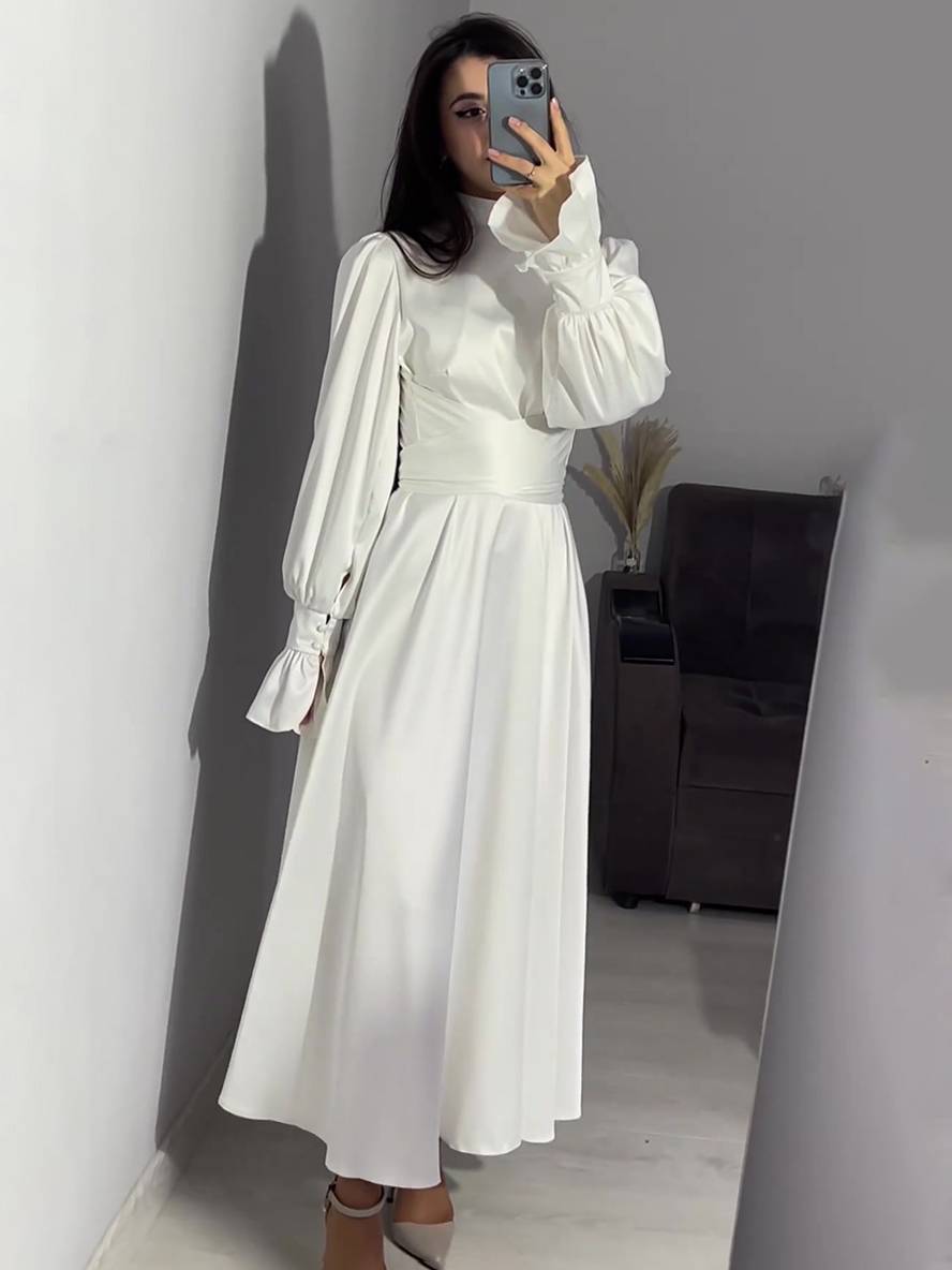Levoire | Robe Longue À Col Roulé À Manches Volantées Puff Femme Douce Élégante Soirée Anniversaire Cérémonie Blanc
