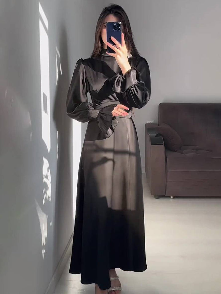 Levoire | Robe Longue À Col Roulé À Manches Volantées Puff Femme Douce Élégante Soirée Anniversaire Cérémonie Noir
