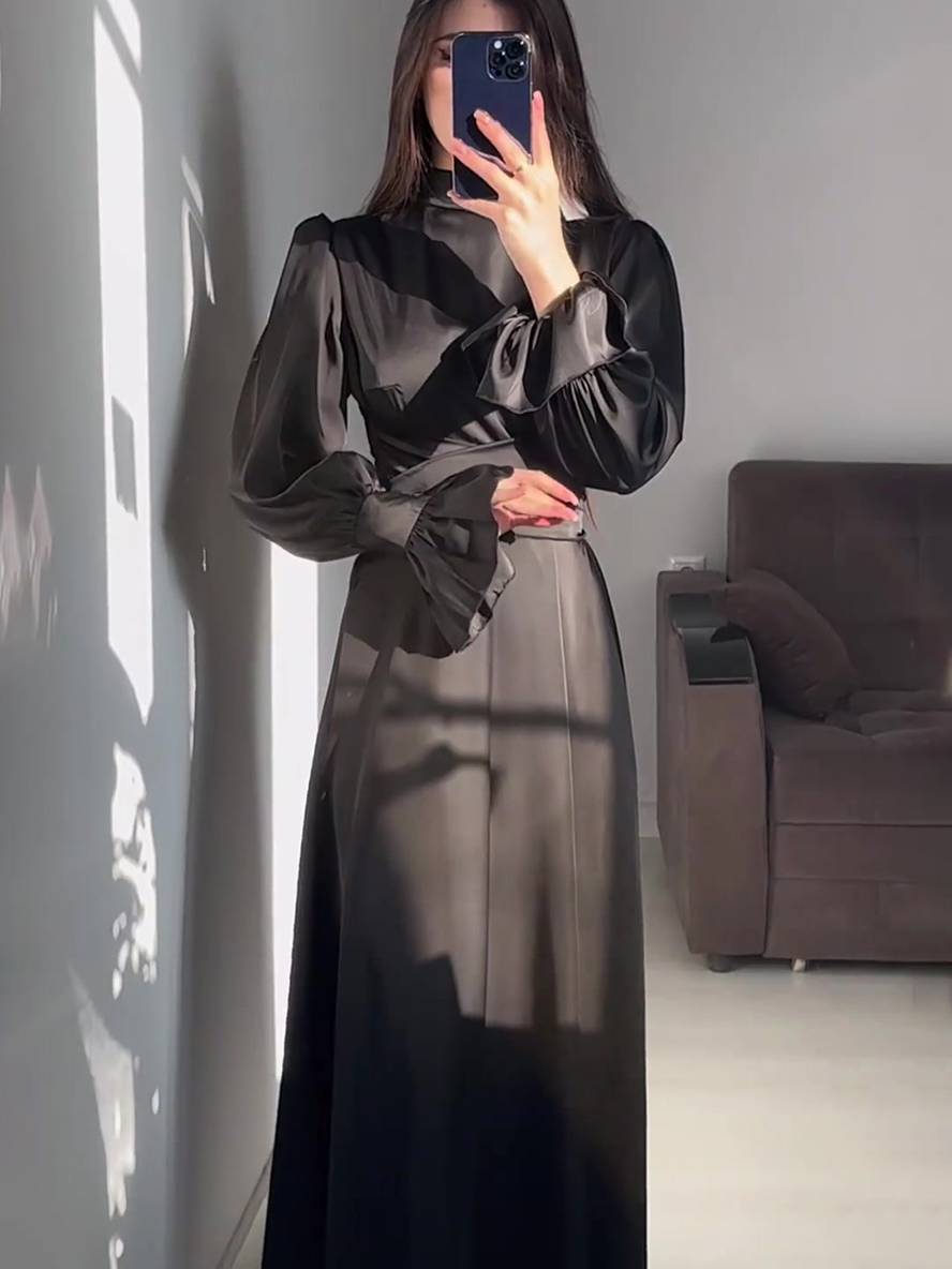 Levoire | Robe Longue À Col Roulé À Manches Volantées Puff Femme Douce Élégante Soirée Anniversaire Cérémonie