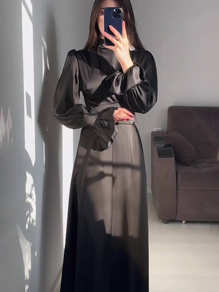 Levoire | Robe Longue À Col Roulé À Manches Volantées Puff Femme Douce Élégante Soirée Anniversaire Cérémonie
