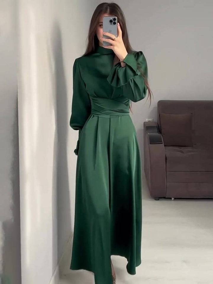 Levoire | Robe Longue À Col Roulé À Manches Volantées Puff Femme Douce Élégante Soirée Anniversaire Cérémonie Vert