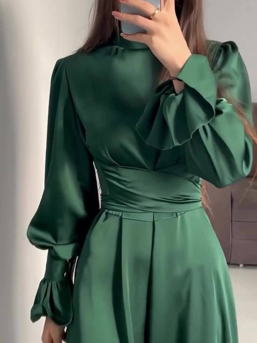 Levoire | Robe Longue À Col Roulé À Manches Volantées Puff Femme Douce Élégante Soirée Anniversaire Cérémonie