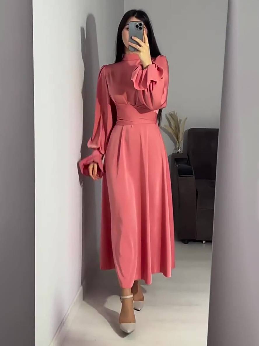Levoire | Robe Longue À Col Roulé À Manches Volantées Puff Femme Douce Élégante Soirée Anniversaire Cérémonie Nacarat