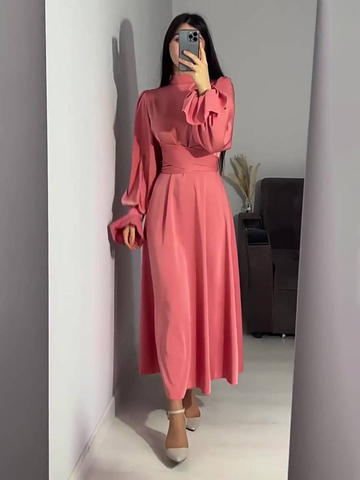 Levoire | Robe Longue À Col Roulé À Manches Volantées Puff Femme Douce Élégante Soirée Anniversaire Cérémonie Nacarat
