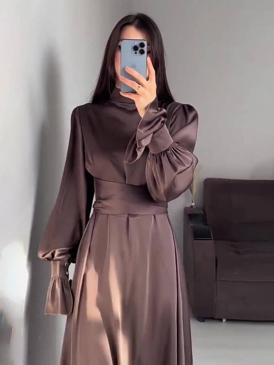 Levoire | Robe Longue À Col Roulé À Manches Volantées Puff Femme Douce Élégante Soirée Anniversaire Cérémonie Café