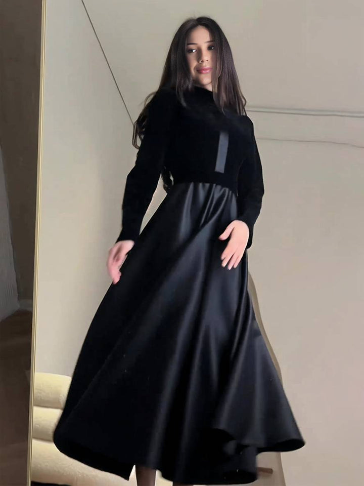 Levoire | Robe Longue En Velours A-Ligne À Encolure Ronde À Manches Longues Pour Femmes Élégante Vintage Décontractée Soirée Bal Prom Noir