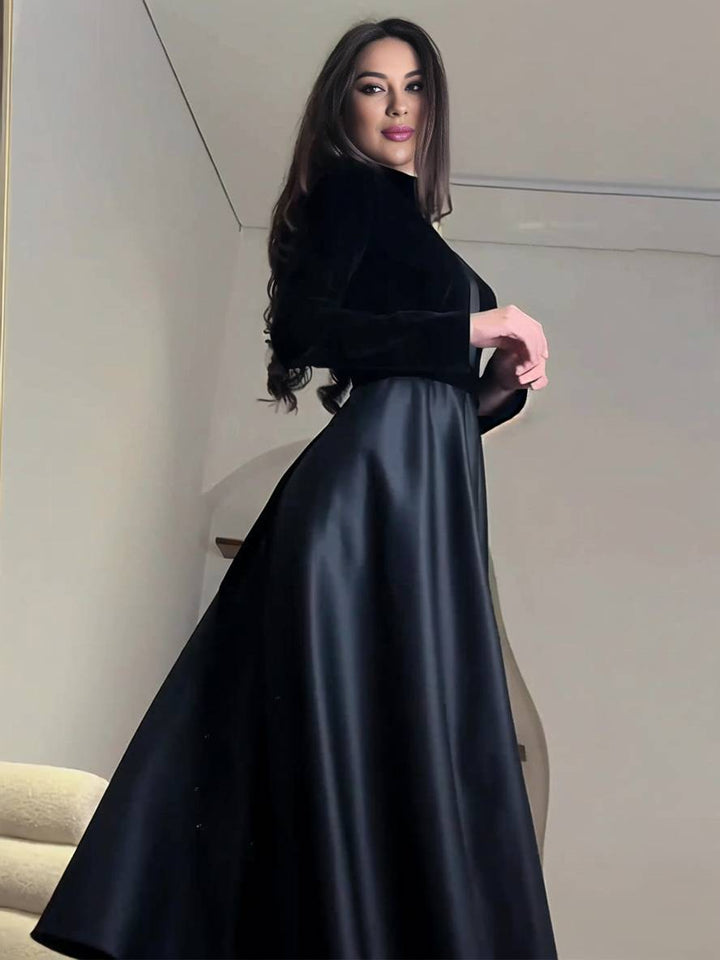 Levoire | Robe Longue En Velours A-Ligne À Encolure Ronde À Manches Longues Pour Femmes Élégante Vintage Décontractée Soirée Bal Prom