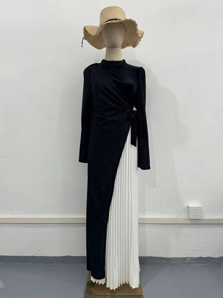 Levoire | Robe Longue À Col Roulé À Contraste De Couleurs Plis Manches Longues Femme Élégante Bal De Fin D'Études Faux Deux Pièces
