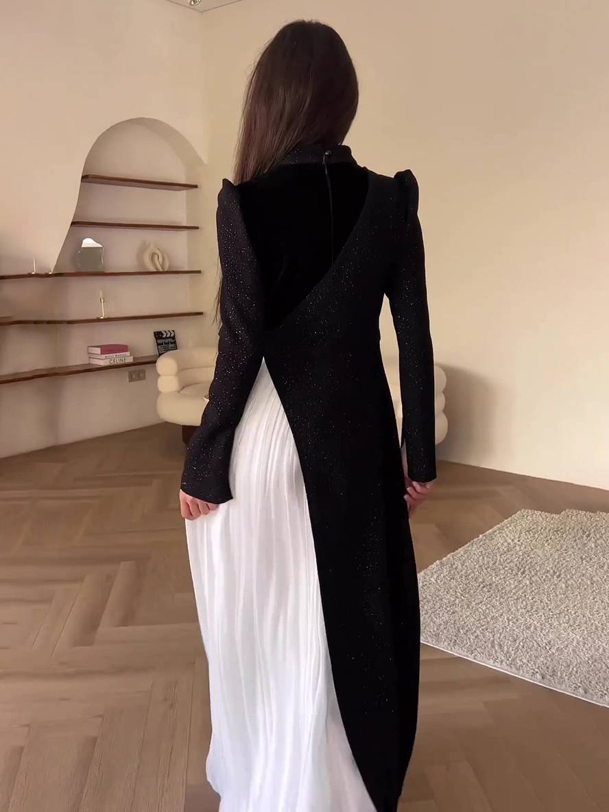 Levoire | Robe Longue À Col Roulé À Contraste De Couleurs Plis Manches Longues Femme Élégante Bal De Fin D'Études Faux Deux Pièces