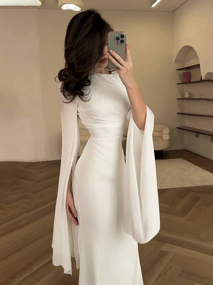 Levoire | Robe Satin Longue Col Ronde Ajustée Manches Fendues Manches Longues Femme Élégante Soirée Bal Prom Cérémonie Blanc